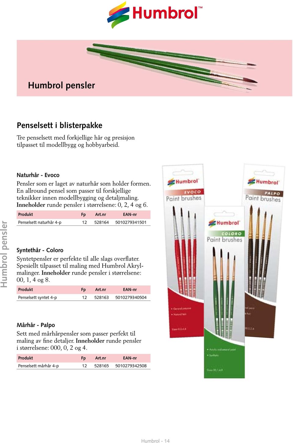 Humbrol pensler Penselsett naturhår 4-p 12 528164 5010279341501 Syntethår - Coloro Syntetpensler er perfekte til alle slags overflater. Spesiellt tilpasset til maling med Humbrol Akrylmalinger.