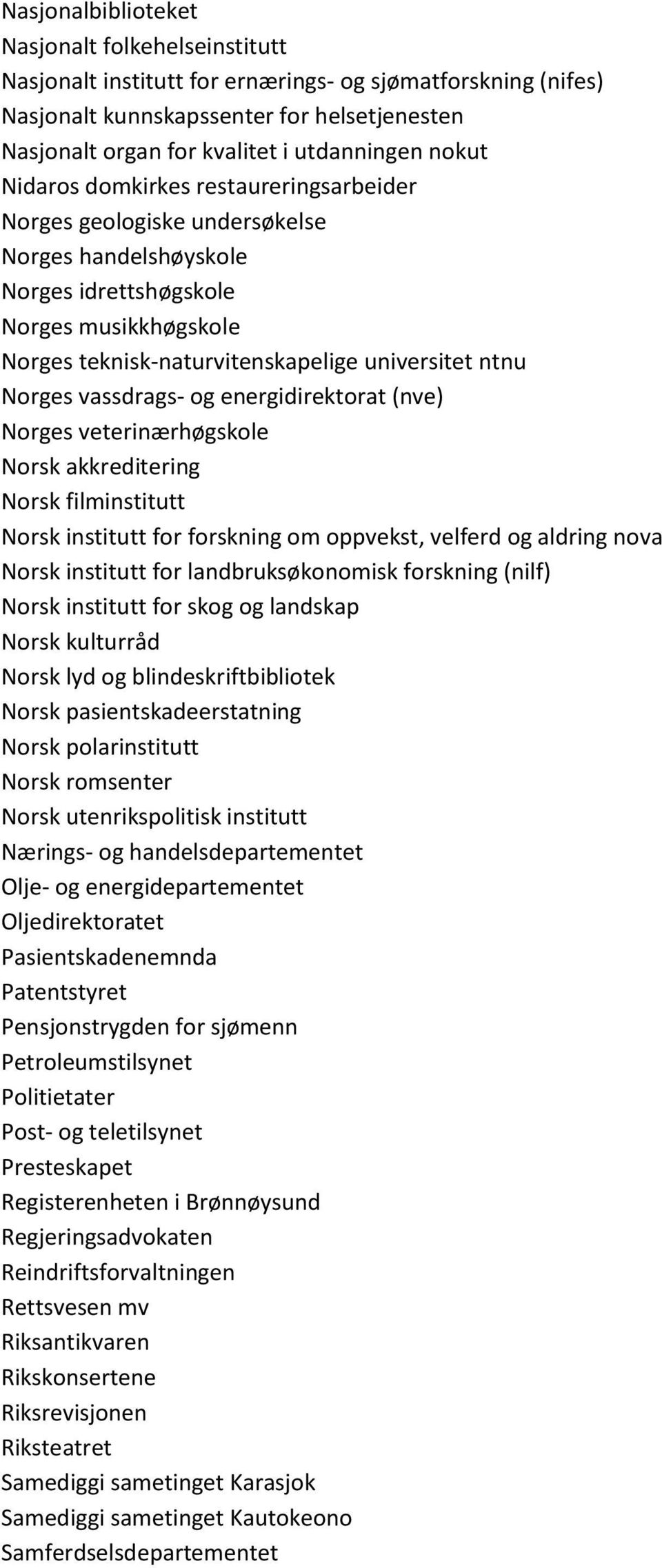 Norges vassdrags- og energidirektorat (nve) Norges veterinærhøgskole Norsk akkreditering Norsk filminstitutt Norsk institutt for forskning om oppvekst, velferd og aldring nova Norsk institutt for