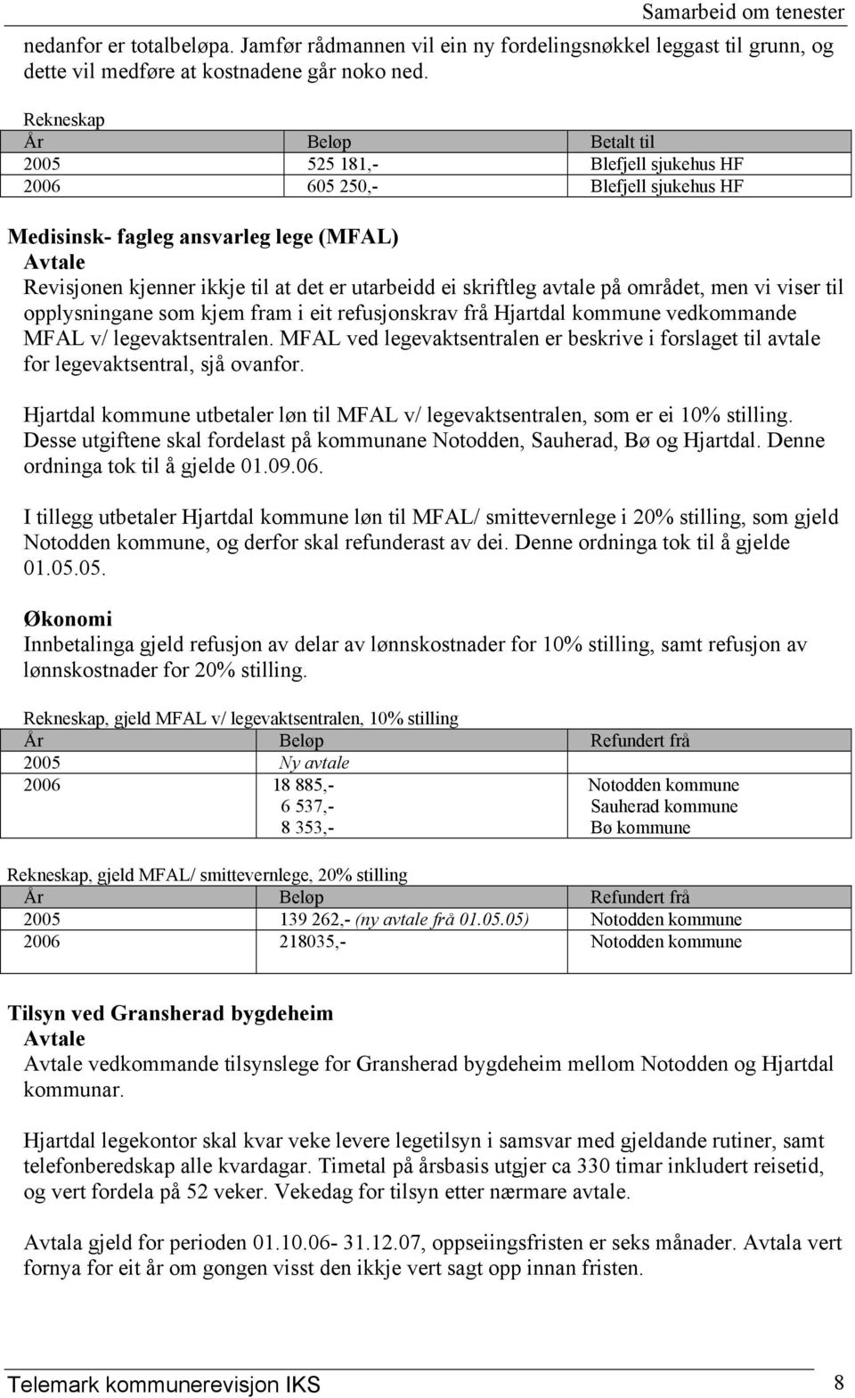 ei skriftleg avtale på området, men vi viser til opplysningane som kjem fram i eit refusjonskrav frå Hjartdal kommune vedkommande MFAL v/ legevaktsentralen.