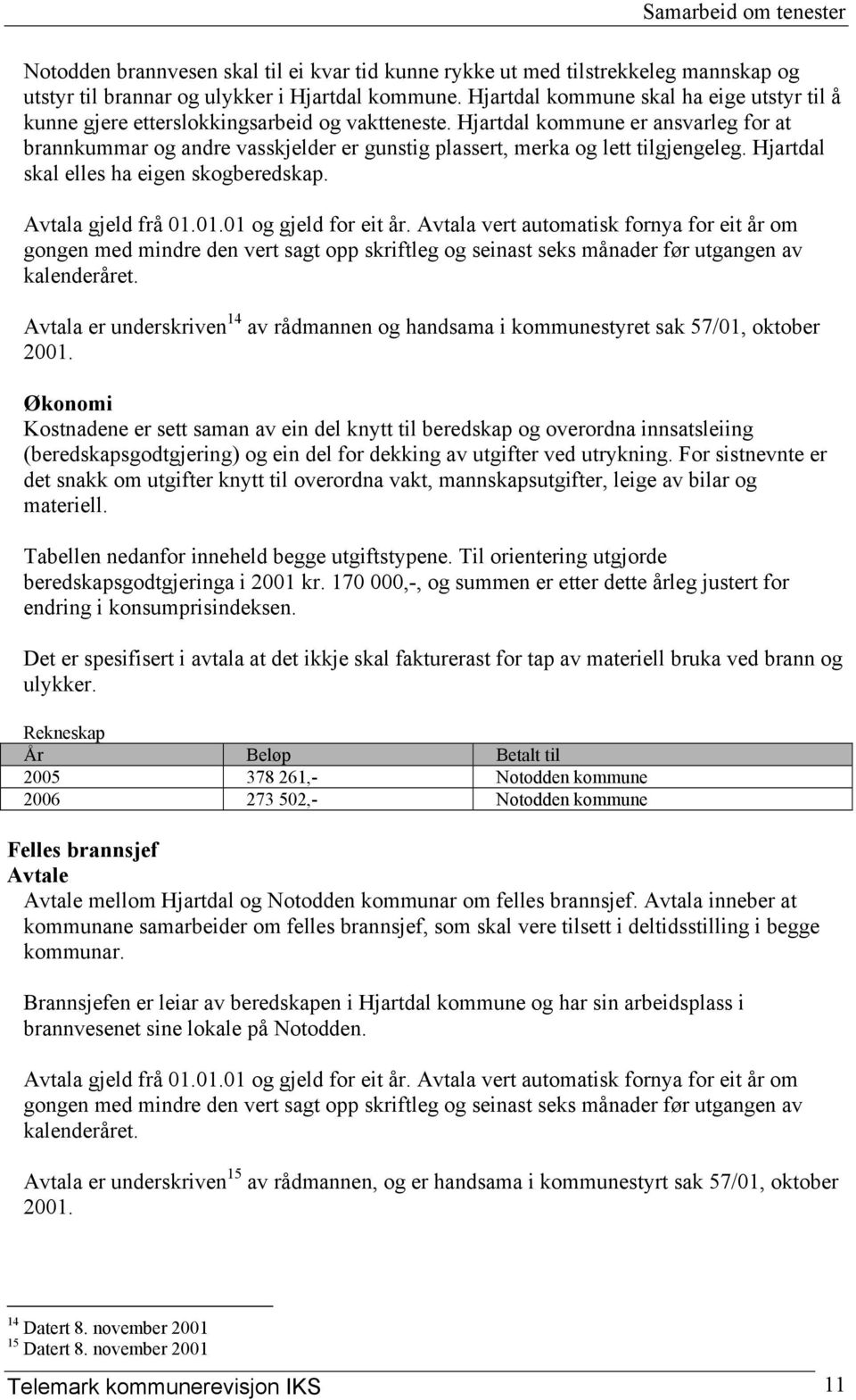 Hjartdal kommune er ansvarleg for at brannkummar og andre vasskjelder er gunstig plassert, merka og lett tilgjengeleg. Hjartdal skal elles ha eigen skogberedskap. Avtala gjeld frå 01.