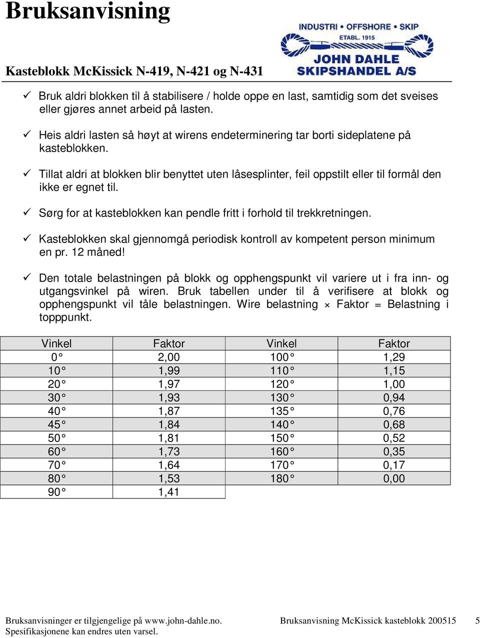 Tillat aldri at blokken blir benyttet uten låsesplinter, feil oppstilt eller til formål den ikke er egnet til. Sørg for at kasteblokken kan pendle fritt i forhold til trekkretningen.