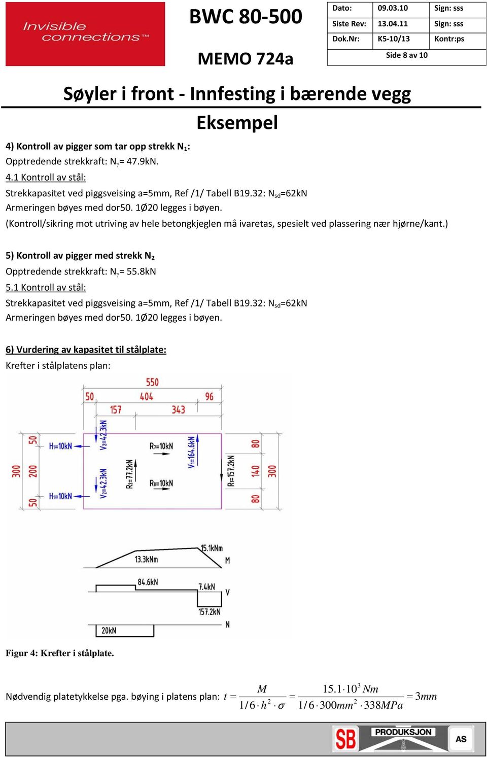 ) 5) Kontroll av pigger med strekk N Opptredende strekkraft: N = 55.8kN 5.1 Kontroll av stål: Strekkapasitet ved piggsveising a=5mm, Ref /1/ Tabell B19.