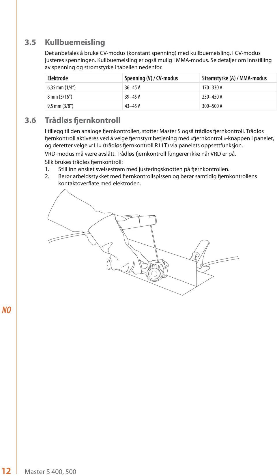 Elektrode Spenning (V) / CV-modus Strømstyrke (A) / MMA-modus 6,35 mm (1/4 ) 36 45 V 170 330 A 8 mm (5/16 ) 39 45 V 230 450 A 9,5 mm (3/8 ) 43 45 V 300 500 A 3.