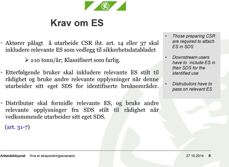 Those preparing CSR are required to attach ES in SDS Downstream users have to include ES in their SDS for the identified use Distrubutors have to pass on relevant ES Distributør