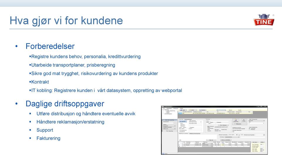 produkter Kontrakt IT kobling: Registrere kunden i vårt datasystem, oppretting av webportal Daglige