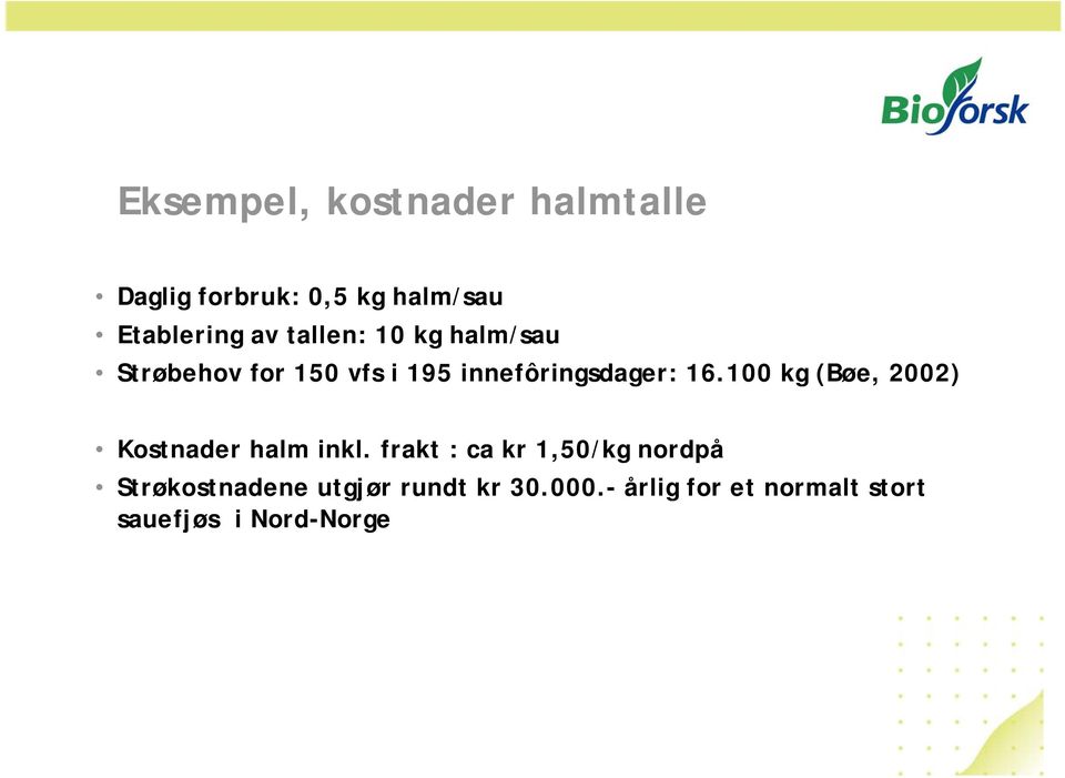 100 kg (Bøe, 2002) Kostnader halm inkl.