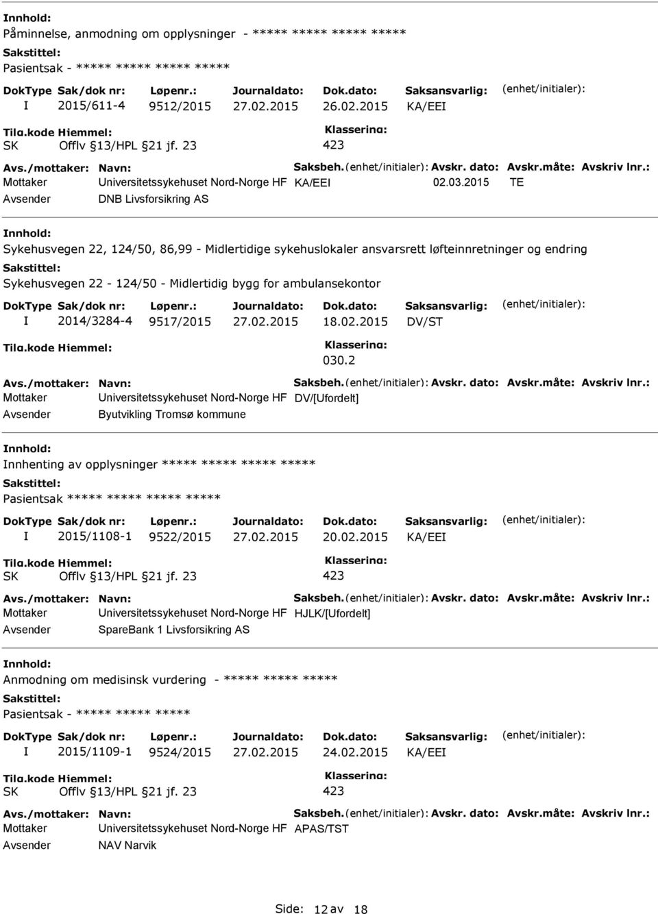 2015 TE DNB Livsforsikring AS Sykehusvegen 22, 124/50, 86,99 - Midlertidige sykehuslokaler ansvarsrett løfteinnretninger og endring Sykehusvegen 22-124/50 - Midlertidig bygg for ambulansekontor