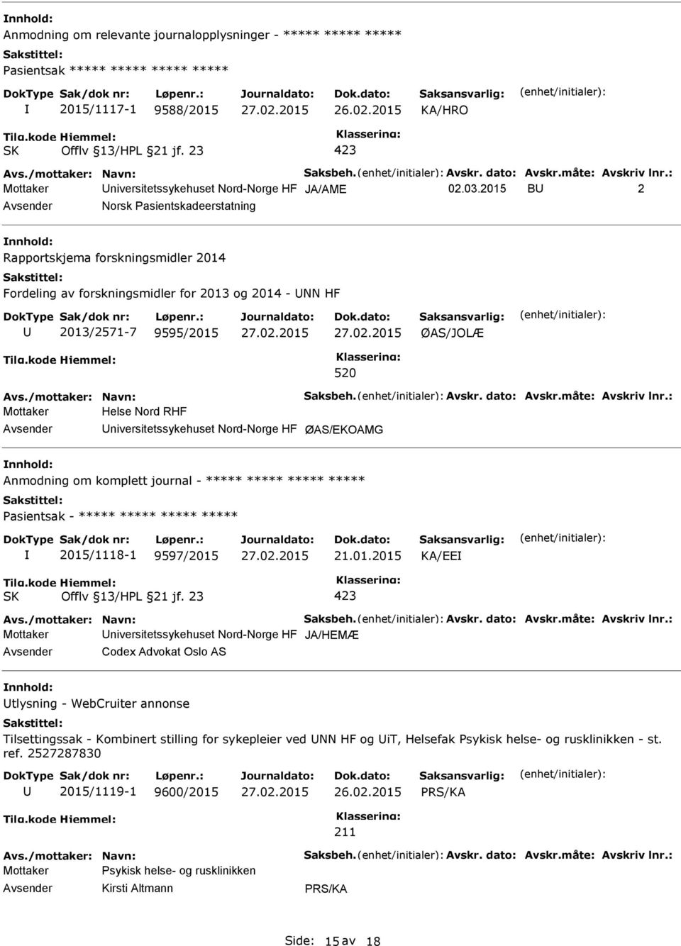 2015 B 2 Norsk Pasientskadeerstatning Rapportskjema forskningsmidler 2014 Fordeling av forskningsmidler for 2013 og 2014 - NN HF 2013/2571-7 9595/2015 ØAS/JOLÆ 520 Avs./mottaker: Navn: Saksbeh. Avskr.