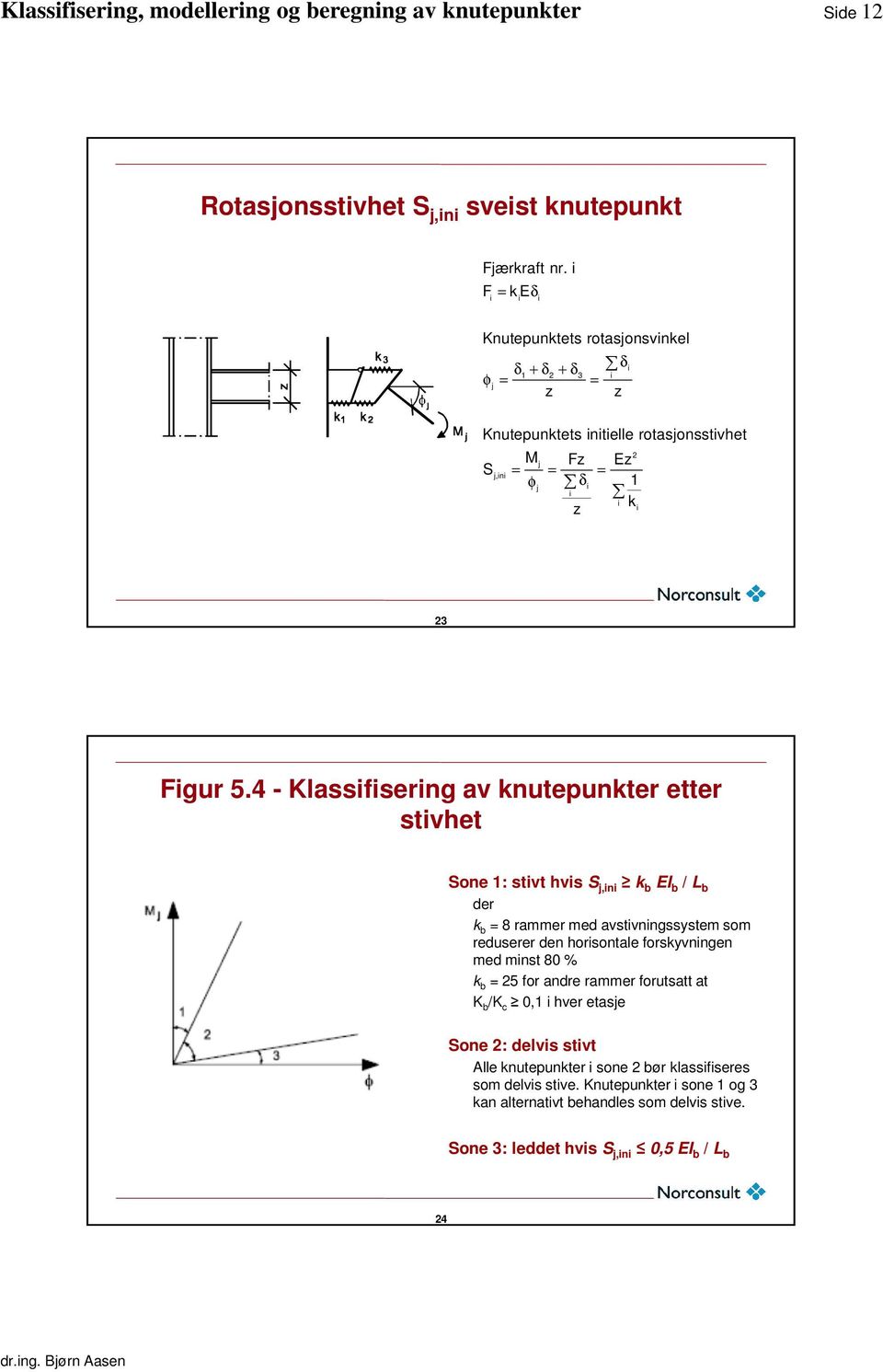 4 - Klassifisering av knutepunkter etter stivhet Sone 1: stivt hvis S j,ini k b EI b / L b der k b = 8 rammer med avstivningssystem som reduserer den horisontale