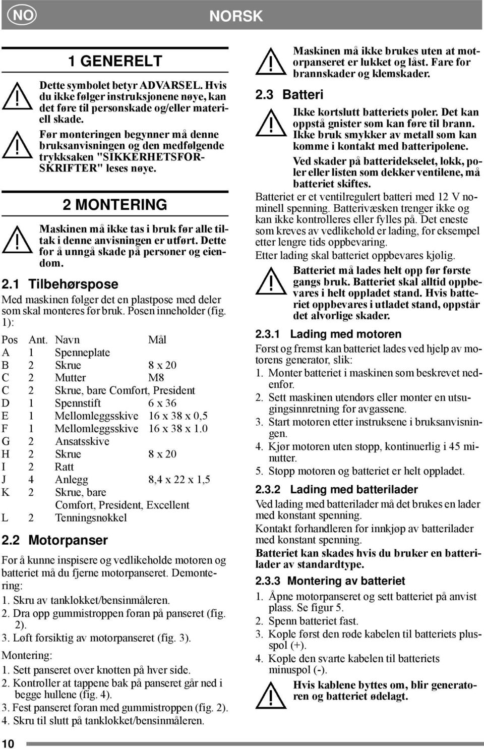 2 MONTERING Maskinen må ikke tas i bruk før alle tiltak i denne anvisningen er utført. Dette for å unngå skade på personer og eiendom. 2.