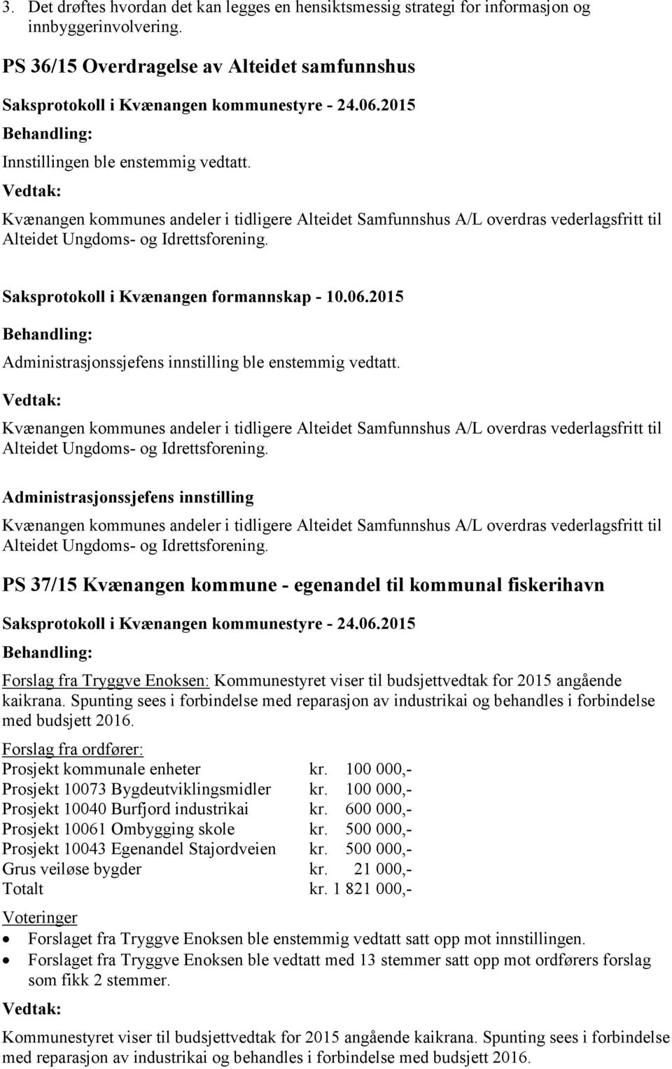 Kvænangen kommunes andeler i tidligere Alteidet Samfunnshus A/L overdras vederlagsfritt til Alteidet Ungdoms- og Idrettsforening.