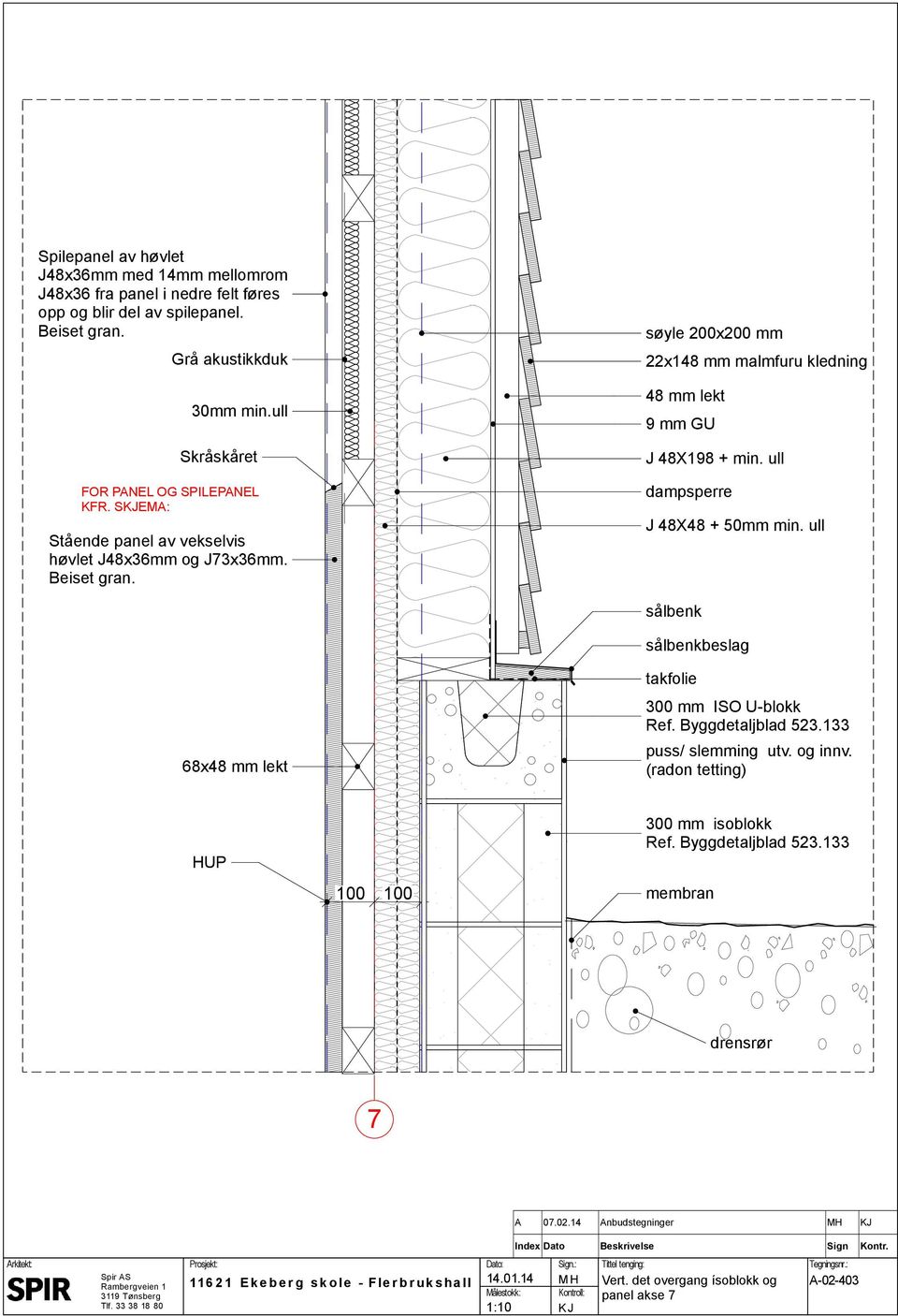 søyle 200x200 mm 22x148 mm malmfuru kledning 48 mm lekt 9 mm GU J 48X198 + min. ull J 48X48 + 50mm min.