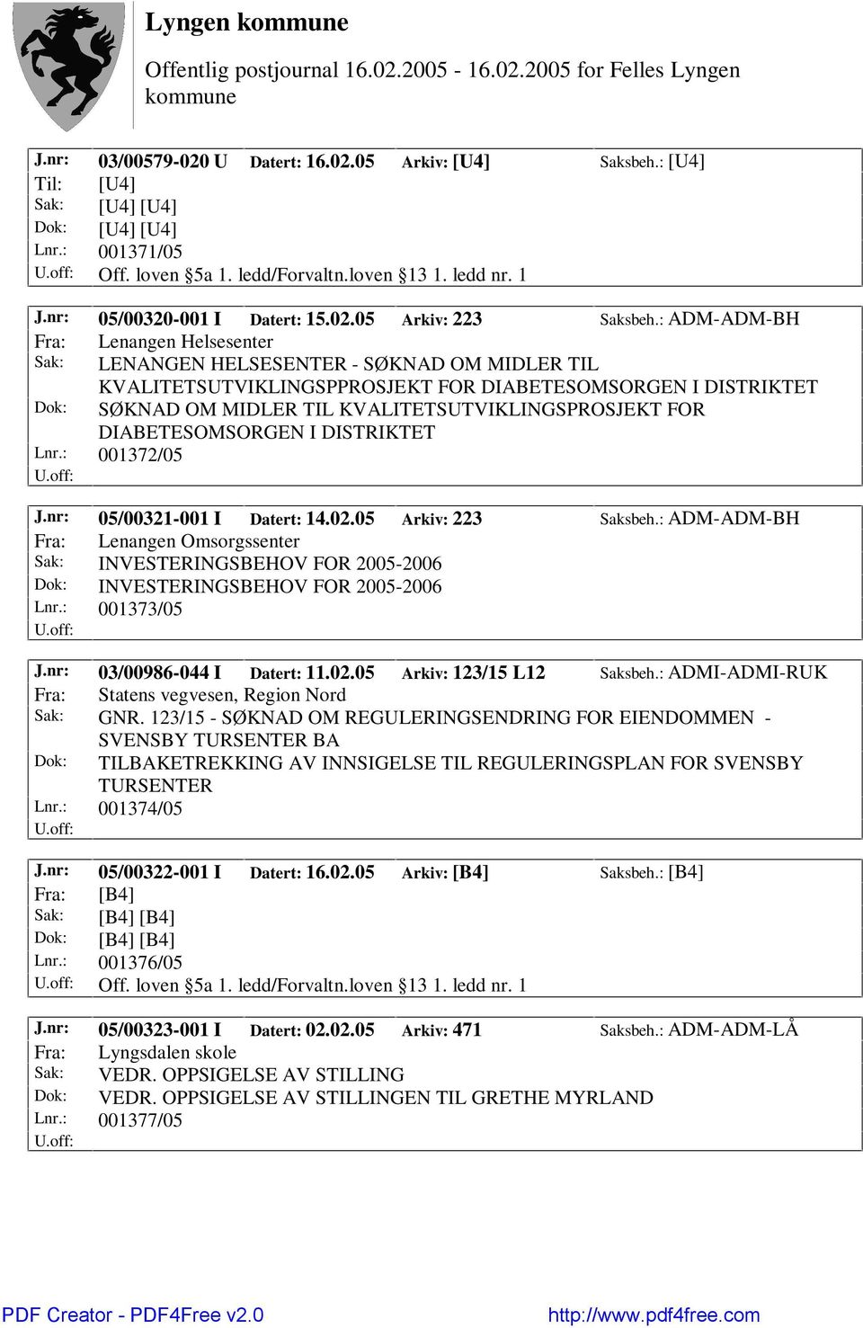 I DISTRIKTET Lnr.: 001372/05 J.nr: 05/00321-001 I Datert: 14.02.05 Arkiv: 223 Saksbeh.