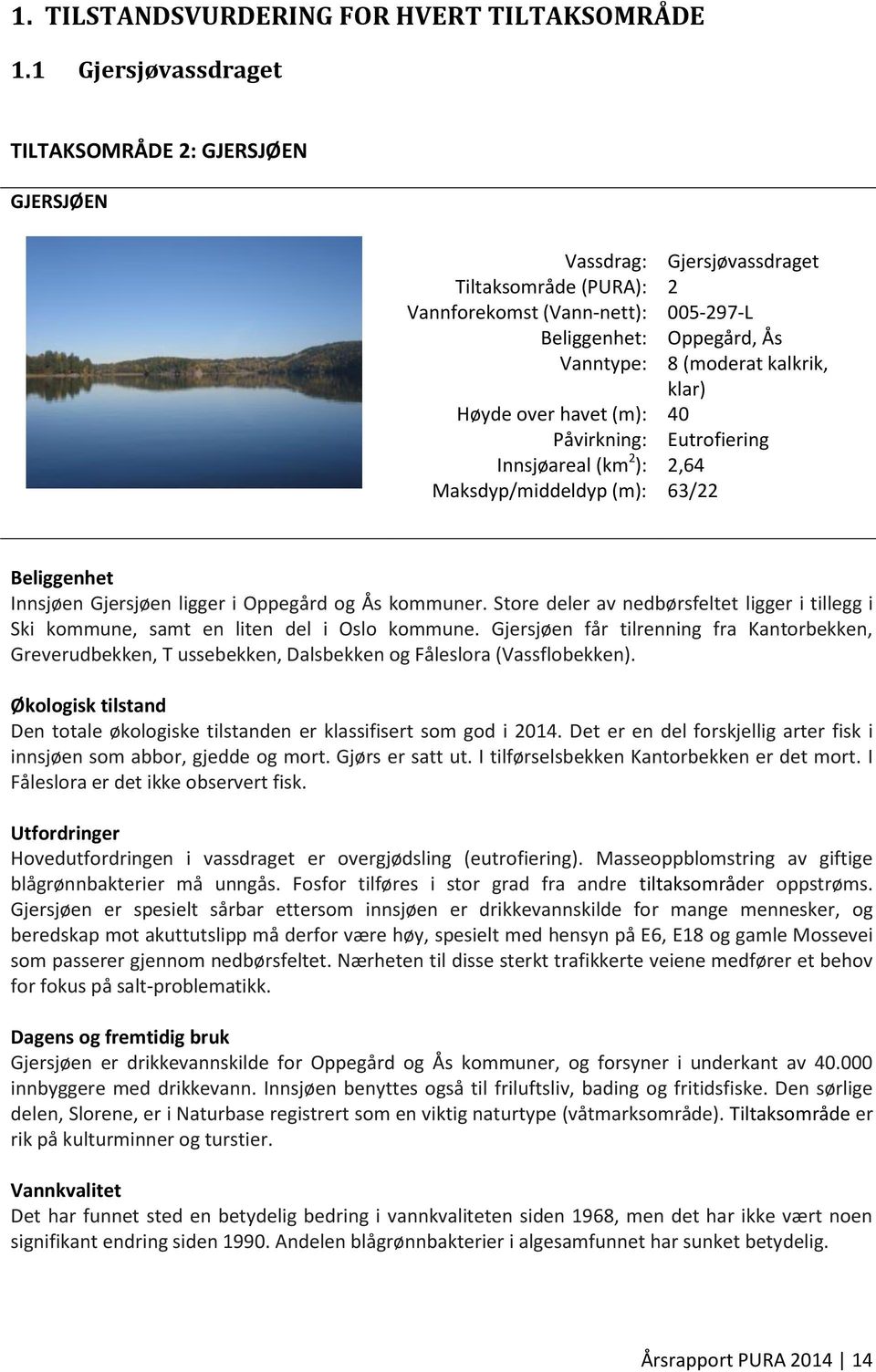kalkrik, klar) Høyde over havet (m): 40 Påvirkning: Eutrofiering Innsjøareal (km 2 ): 2,64 Maksdyp/middeldyp (m): 63/22 Beliggenhet Innsjøen Gjersjøen ligger i Oppegård og Ås kommuner.