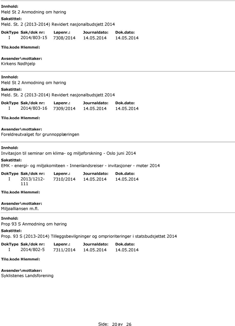 Sak/dok nr: 2013/1212-111 Løpenr.: 7310/2014 Miljøalliansen m.fl. Prop 93 S Anmodning om høring Prop.