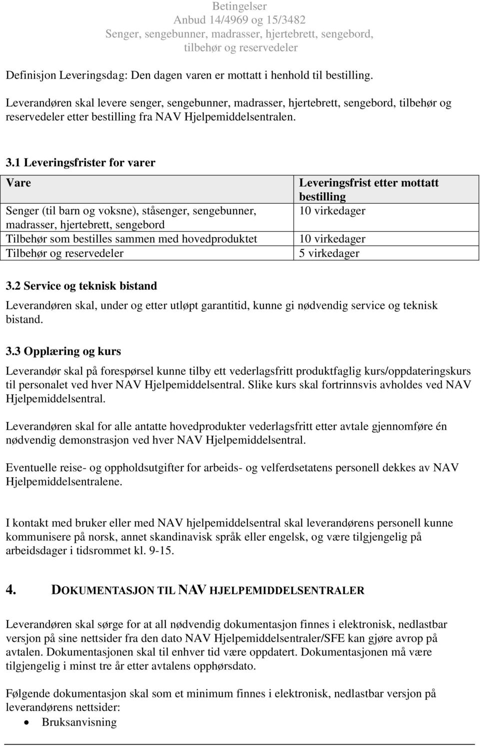 1 Leveringsfrister for varer Vare Senger (til barn og voksne), ståsenger, sengebunner, madrasser, hjertebrett, sengebord Tilbehør som bestilles sammen med hovedproduktet Tilbehør og reservedeler