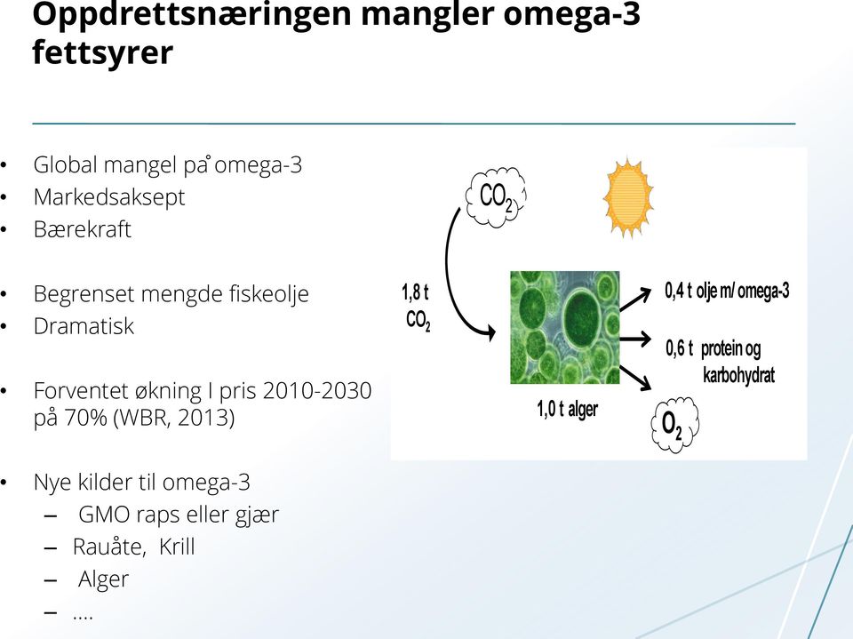 Markedsaksept Bærekraft CO 2 O 2 Begrenset mengde fiskeolje Dramatisk Forventet økning I pris 2010-2030 på 70% (WBR, 2013) 1,8 t CO 2 1,0