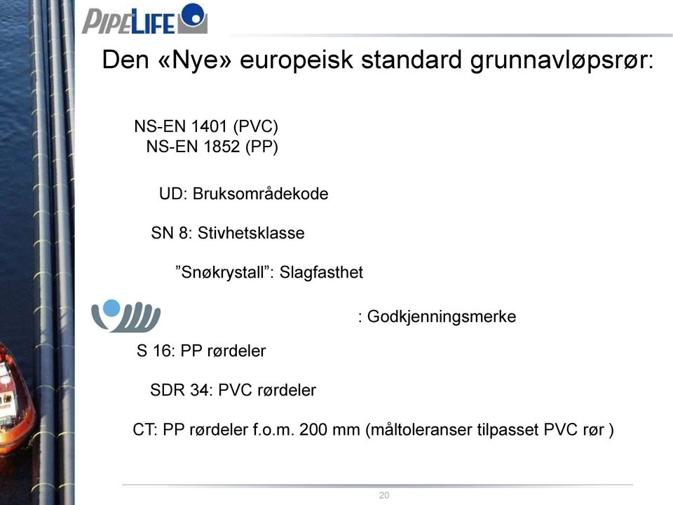 Slagfasthet : Godkjenningsmerke S 16: PP rørdeler SDR 34: PVC