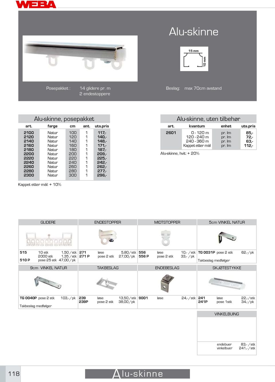 pris 260 0-20 m 20-20 m 20-60 m Kappet etter mål Alu-skinne, hvit: + 20% 85,- 72,- 6,- 2,- Kappet etter mål: + 0% GLIDERE ENDESTOPPER MIDTSTOPPER 5cm VINKEL NATUR 55 50 P 0 stk 0 stk pose 25 stk,50