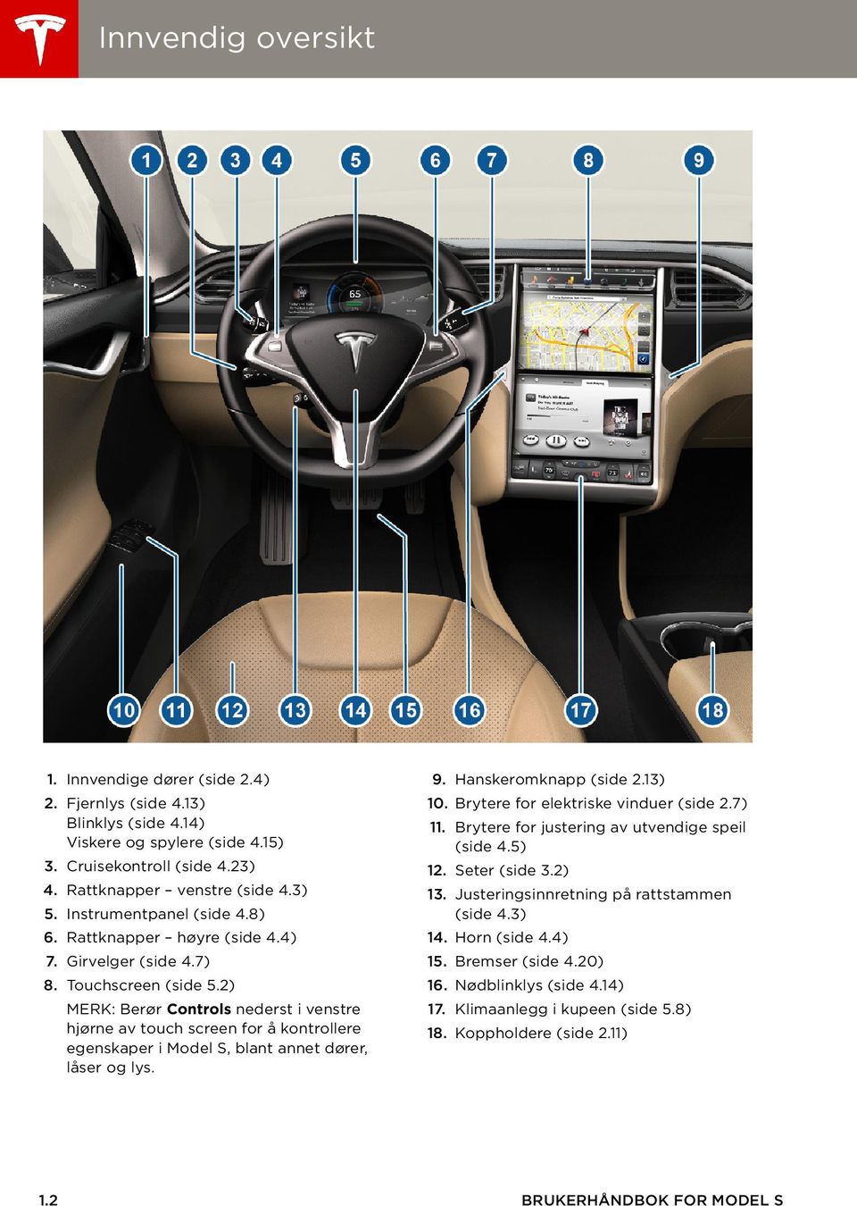 2) MERK: Berør Controls nederst i venstre hjørne av touch screen for å kontrollere egenskaper i Model S, blant annet dører, låser og lys. 9. Hanskeromknapp (side 2.13) 10.