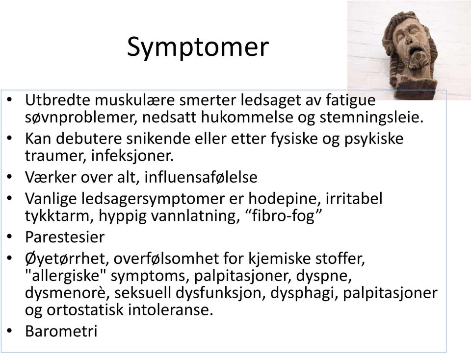 Værker over alt, influensafølelse Vanlige ledsagersymptomer er hodepine, irritabel tykktarm, hyppig vannlatning, fibro-fog