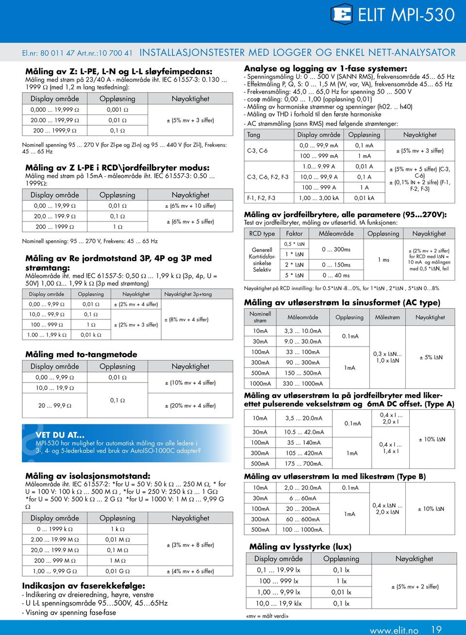 .. 270 V (for Zl-pe og Zl-n) og 95... 440 V (for Zl-l), Frekvens: 45... 65 Hz Måling av Z L-PE i RCD\jordfeilbryter modus: Måling med strøm på 15mA - måleområde iht. IEC 61557-3: 0.50... 1999Ω: 0,00.