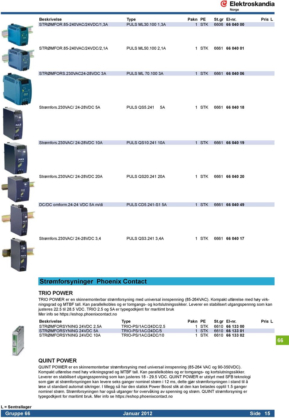 241 10A 1 STK 6661 66 040 19 Strømfors.230VAC/ 24-28VDC 20A PULS QS20.241 20A 1 STK 6661 66 040 20 DC/DC omform.24-24 VDC 5A m/di PULS CD5.241-S1 5A 1 STK 6661 66 040 49 Strømfors.