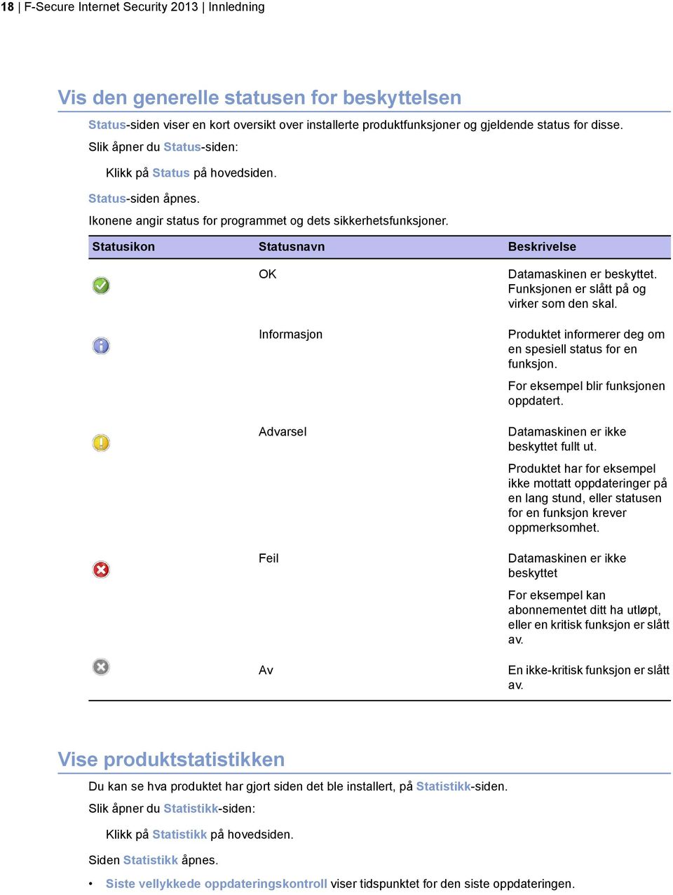 Statusikon Statusnavn OK Informasjon Advarsel Feil Av Beskrivelse Datamaskinen er beskyttet. Funksjonen er slått på og virker som den skal.