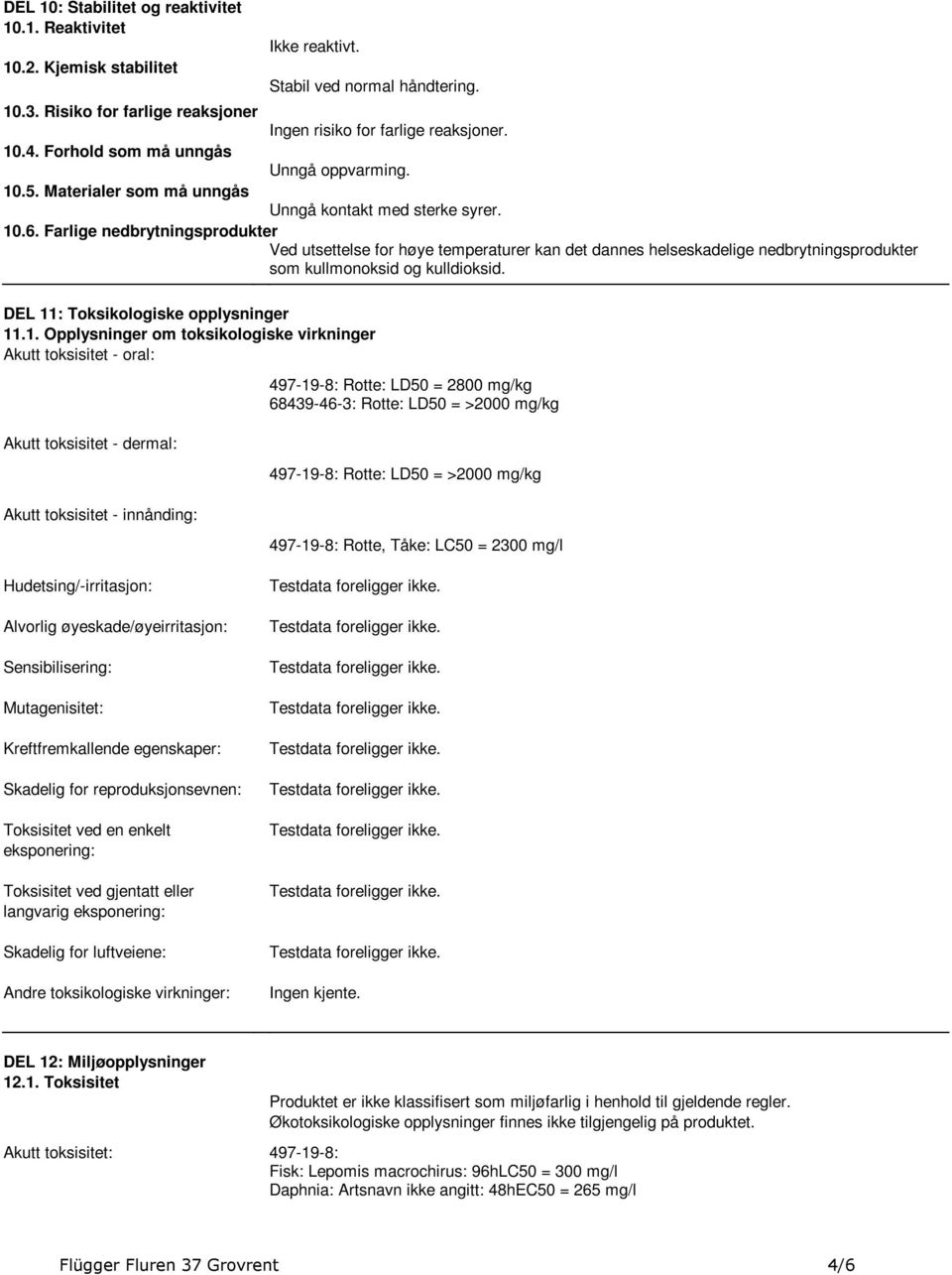 nedbrytningsprodukter som kullmonoksid og kulldioksid DEL 11: Toksikologiske opplysninger 111 Opplysninger om toksikologiske virkninger Akutt toksisitet - oral: Akutt toksisitet - dermal: Akutt