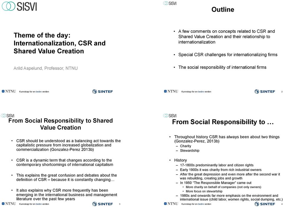 From Social Responsibility to Shared Value Creation CSR should be understood as a balancing act towards the capitalistic pressure from increased globalization and commercialization (Gonzalez-Perez