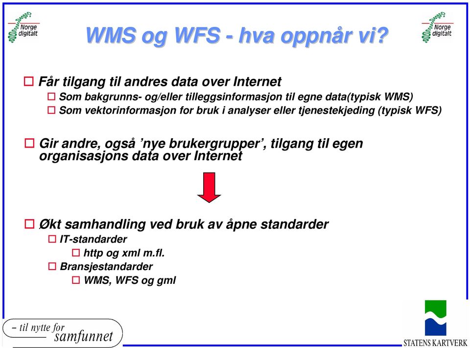 data(typisk WMS) Som vektorinformasjon for bruk i analyser eller tjenestekjeding (typisk WFS) Gir
