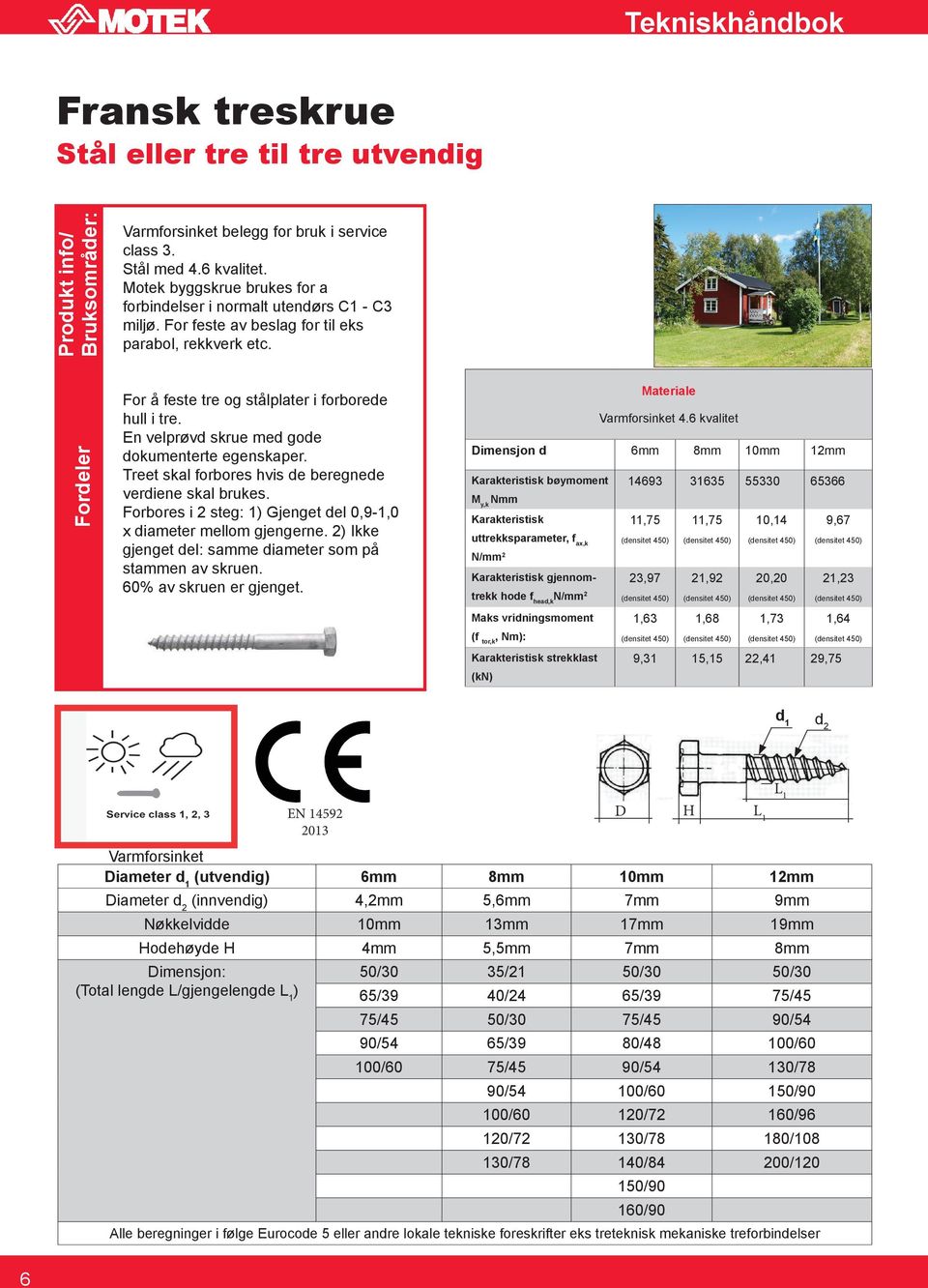 Treet skal forbores hvis de beregnede verdiene skal brukes. Forbores i 2 steg: 1 Gjenget del 0,9-1,0 x diameter mellom gjengerne. 2 Ikke gjenget del: samme diameter som på stammen av skruen.