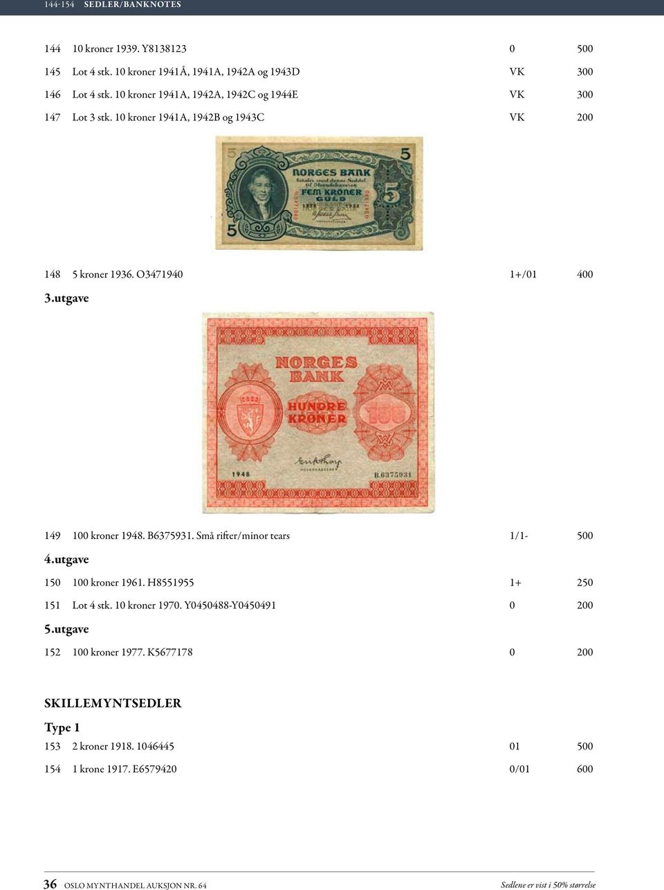 utgave 149 100 kroner 1948. B6375931. Små rifter/minor tears 1/1-500 4.utgave 150 100 kroner 1961. H8551955 1+ 250 151 Lot 4 stk. 10 kroner 1970.