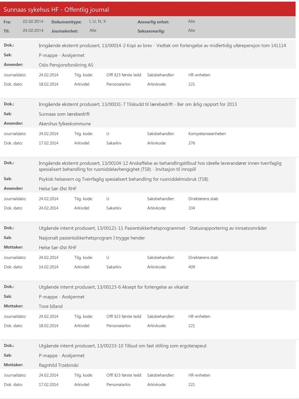 2014 Arkivdel: Sakarkiv Arkivkode: 276 Inngående eksternt produsert, 13/00104-12 Anskaffelse av behandlingstilbud hos ideelle leverandører innen tverrfaglig spesialisert behandling for