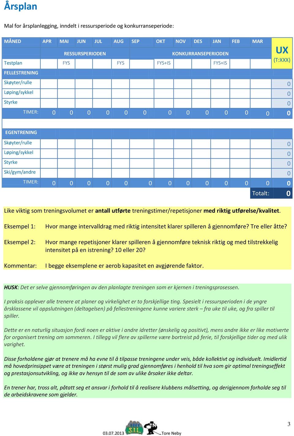 0 0 0 0 Totalt: 0 Like viktig som treningsvolumet er antall utførte treningstimer/repetisjoner med riktig utførelse/kvalitet.