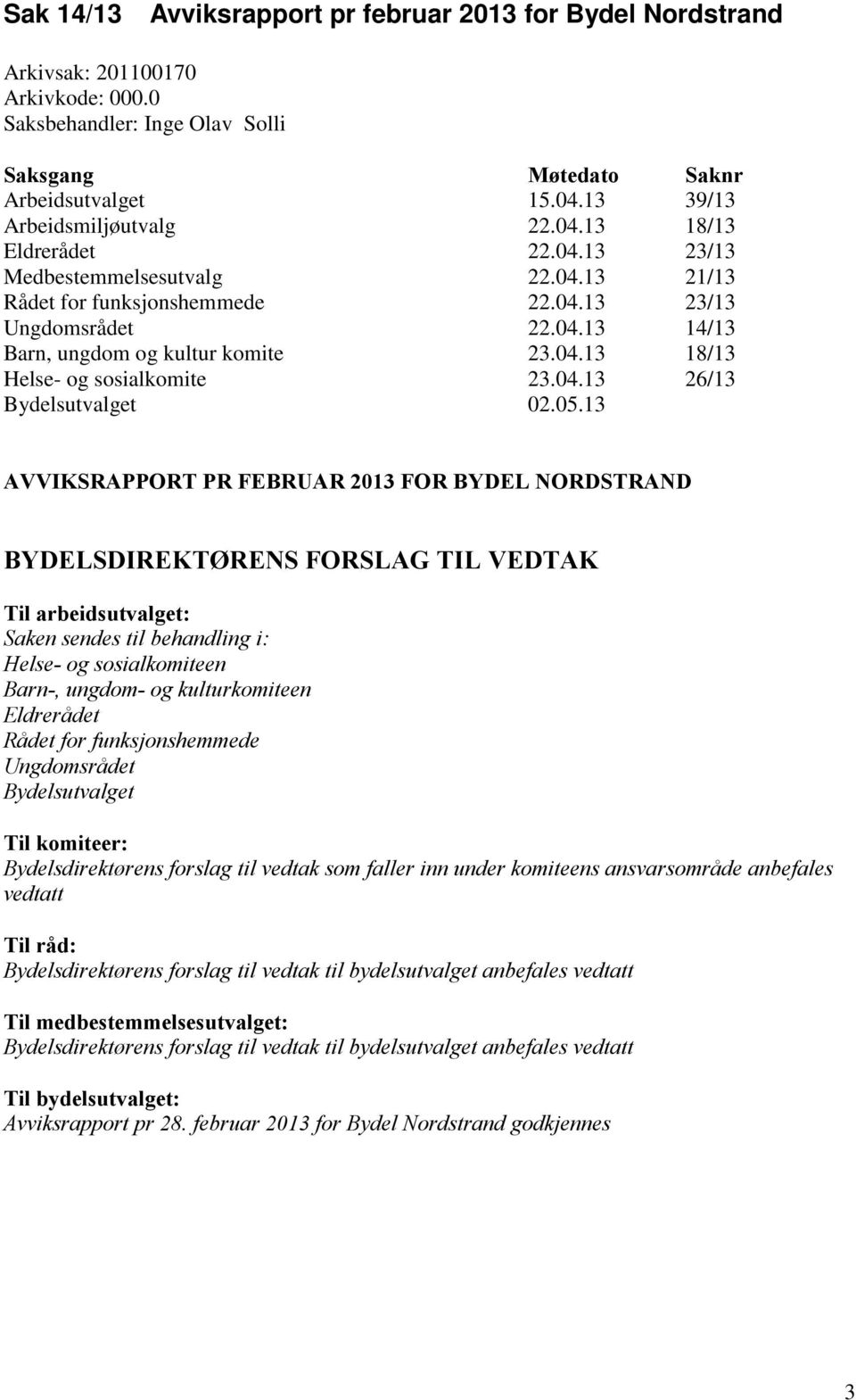 04.13 18/13 Helse- og sosialkomite 23.04.13 26/13 Bydelsutvalget 02.05.