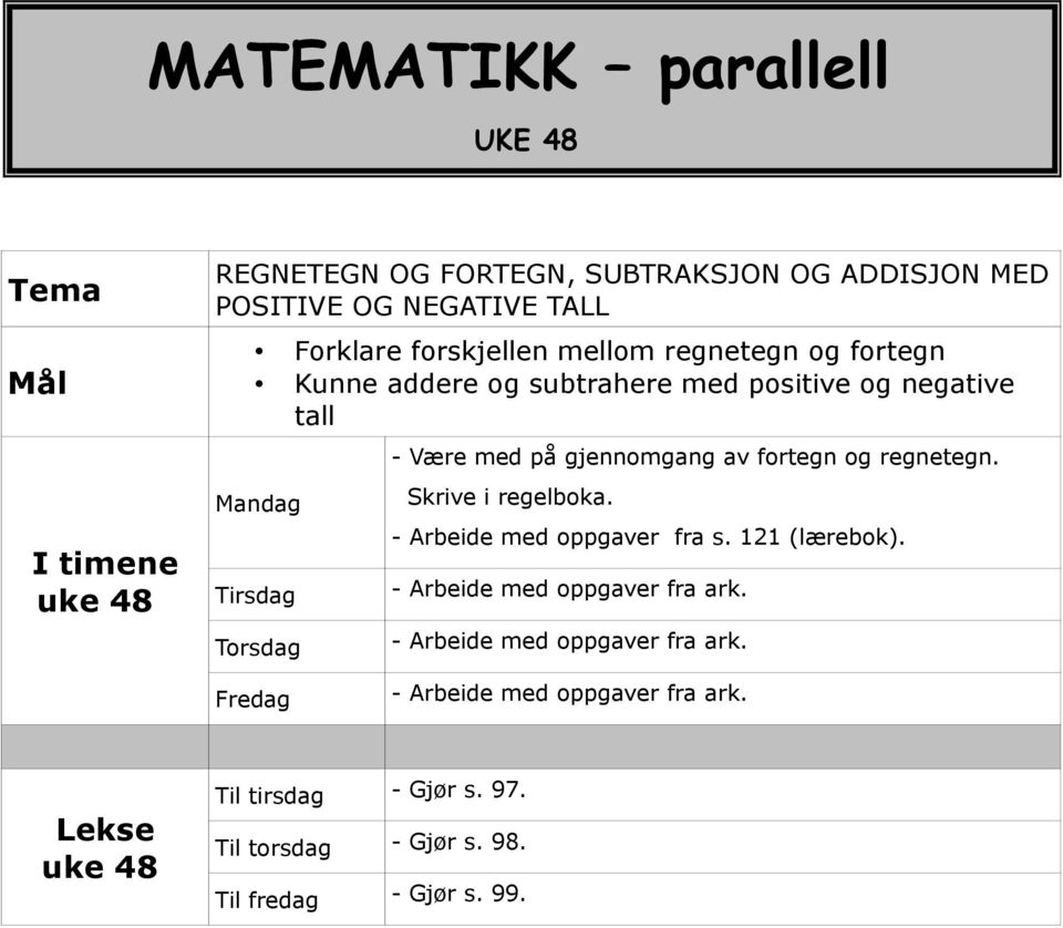 gjennomgang av fortegn og regnetegn. Skrive i regelboka. - Arbeide med oppgaver fra s. 121 (lærebok). - Arbeide med oppgaver fra ark.