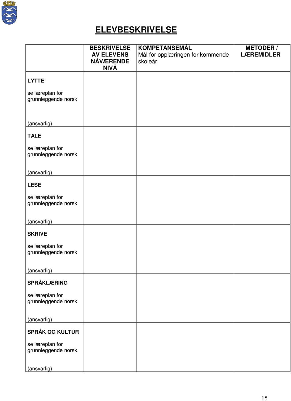 (ansvarlig) LESE se læreplan for grunnleggende norsk (ansvarlig) SKRIVE se læreplan for grunnleggende norsk