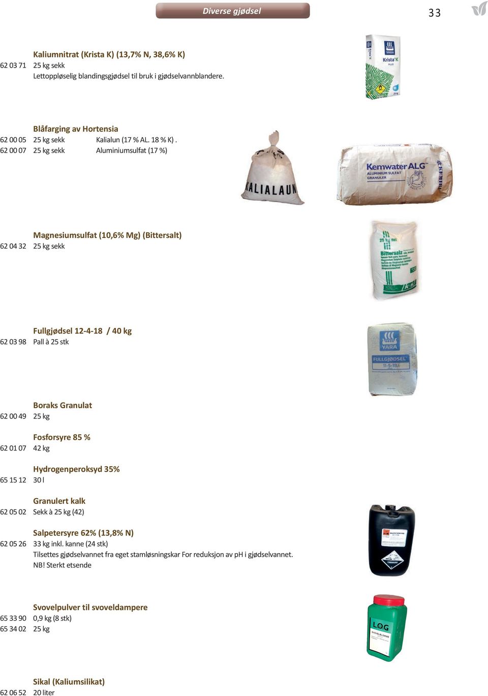 62 00 07 25 kg sekk Aluminiumsulfat (17 %) Magnesiumsulfat (10,6% Mg) (Bittersalt) 62 04 32 25 kg sekk Fullgjødsel 12-4-18 / 40 kg 62 03 98 Pall à 25 stk Boraks Granulat 62 00 49 25 kg Fosforsyre