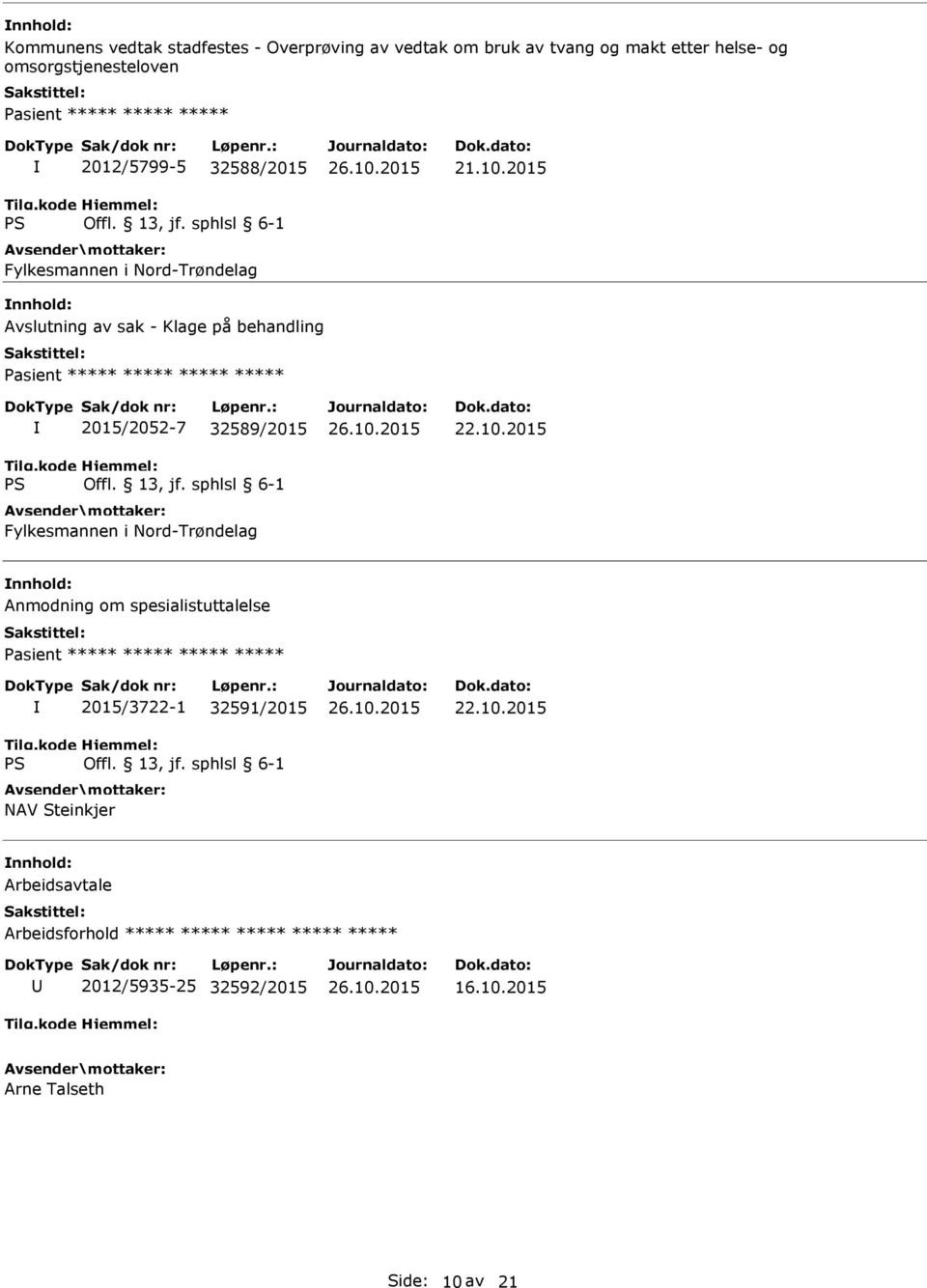 behandling ***** 2015/2052-7 32589/2015 Fylkesmannen i Nord-Trøndelag Anmodning om spesialistuttalelse *****