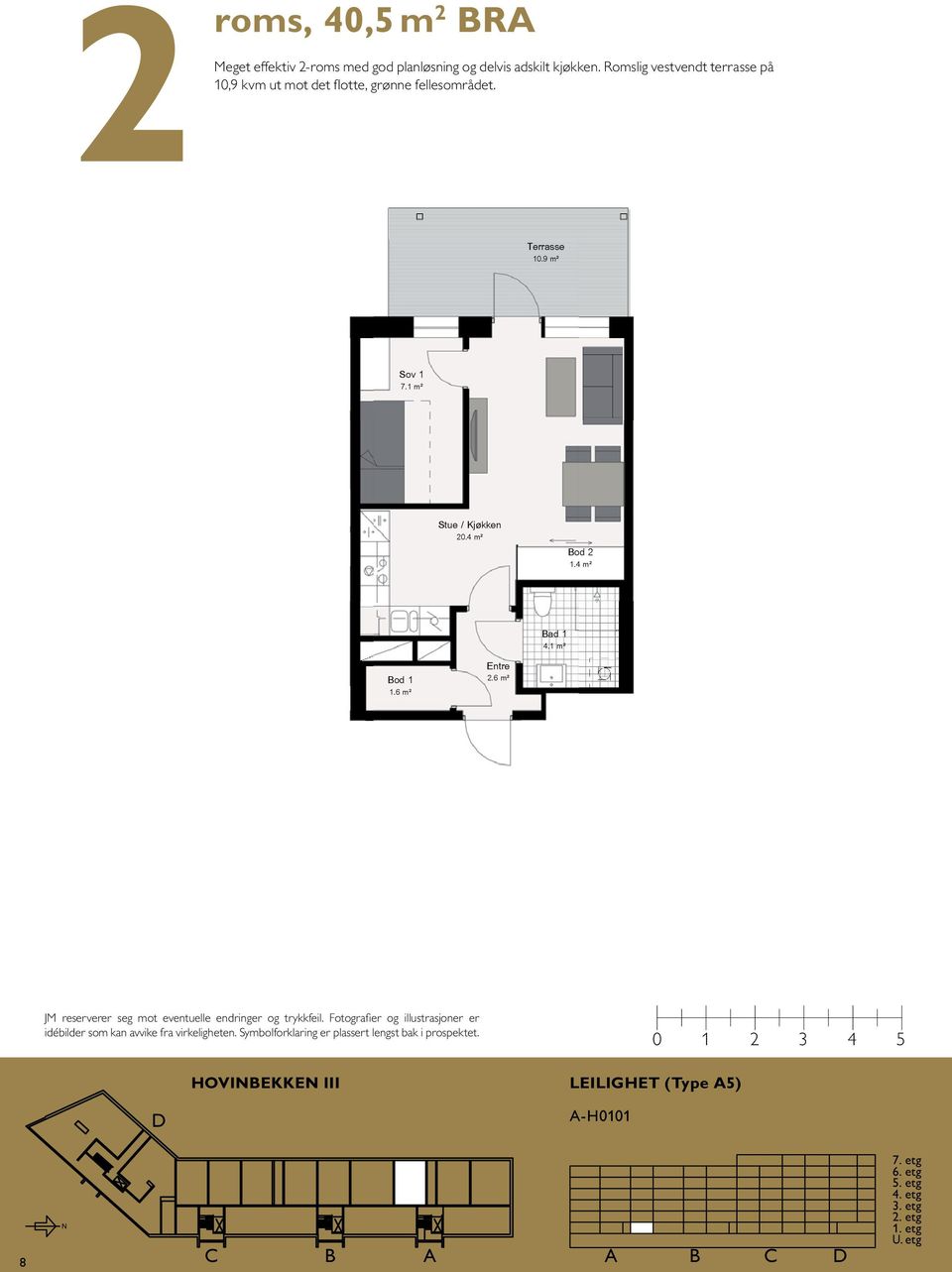 Romslig vestvendt terrasse på 1 A 1 4,5m2 37,5m2 HOVIBEKKE III Leilighet type Terrasse 1.9 m² 7.1 m² 2.4 m² Bod 2 1.4 m² 2.6 m² 1.6 m² 4.1 m² 8.