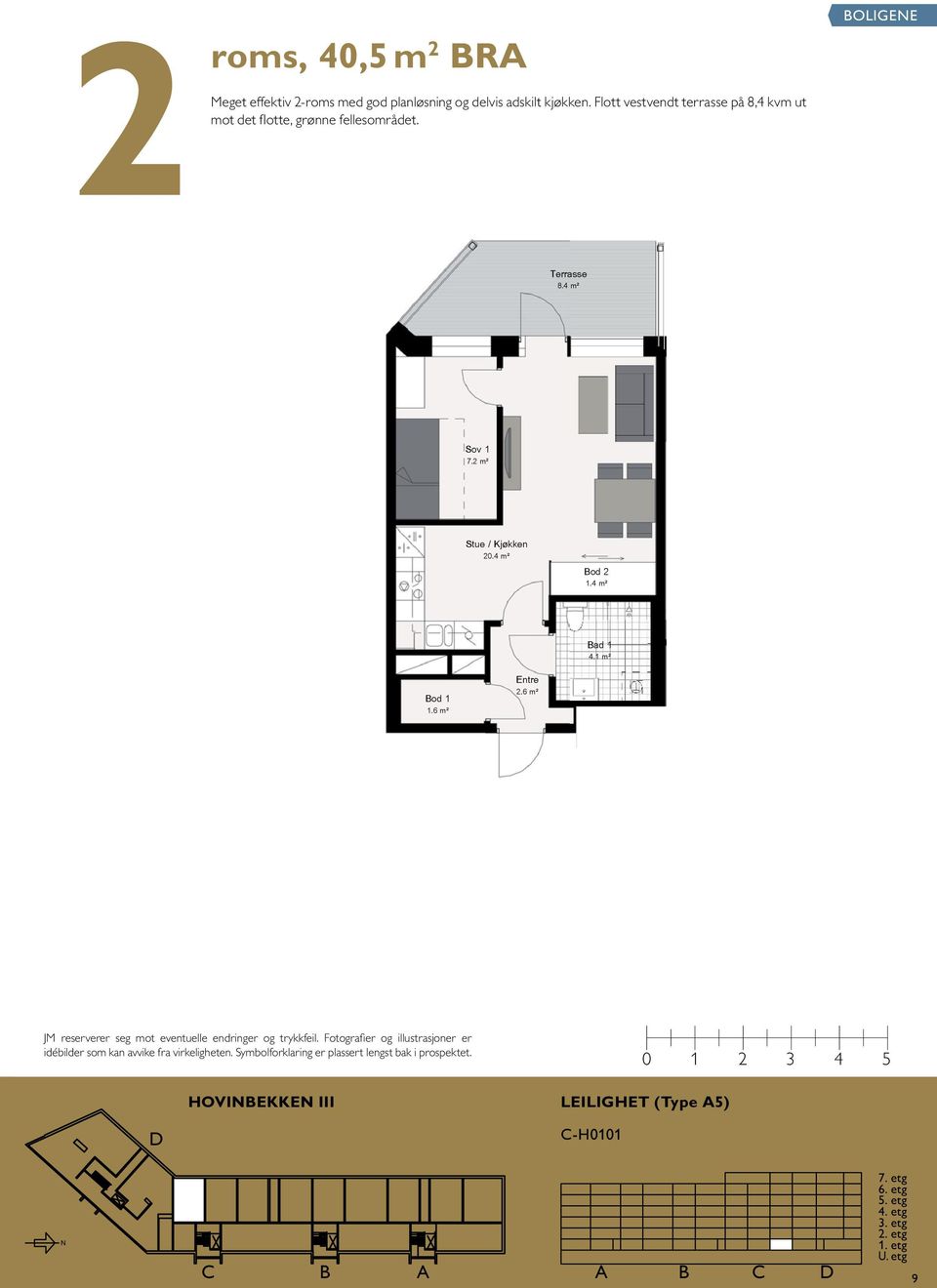 Flott vestvendt terrasse på 8,4 kvm ut 37 1 4,5m2 37,5m2 HOVIBEKKE III Leilighet type BOLIGEE Terrasse 8.4 m² 7.2 m² 2.