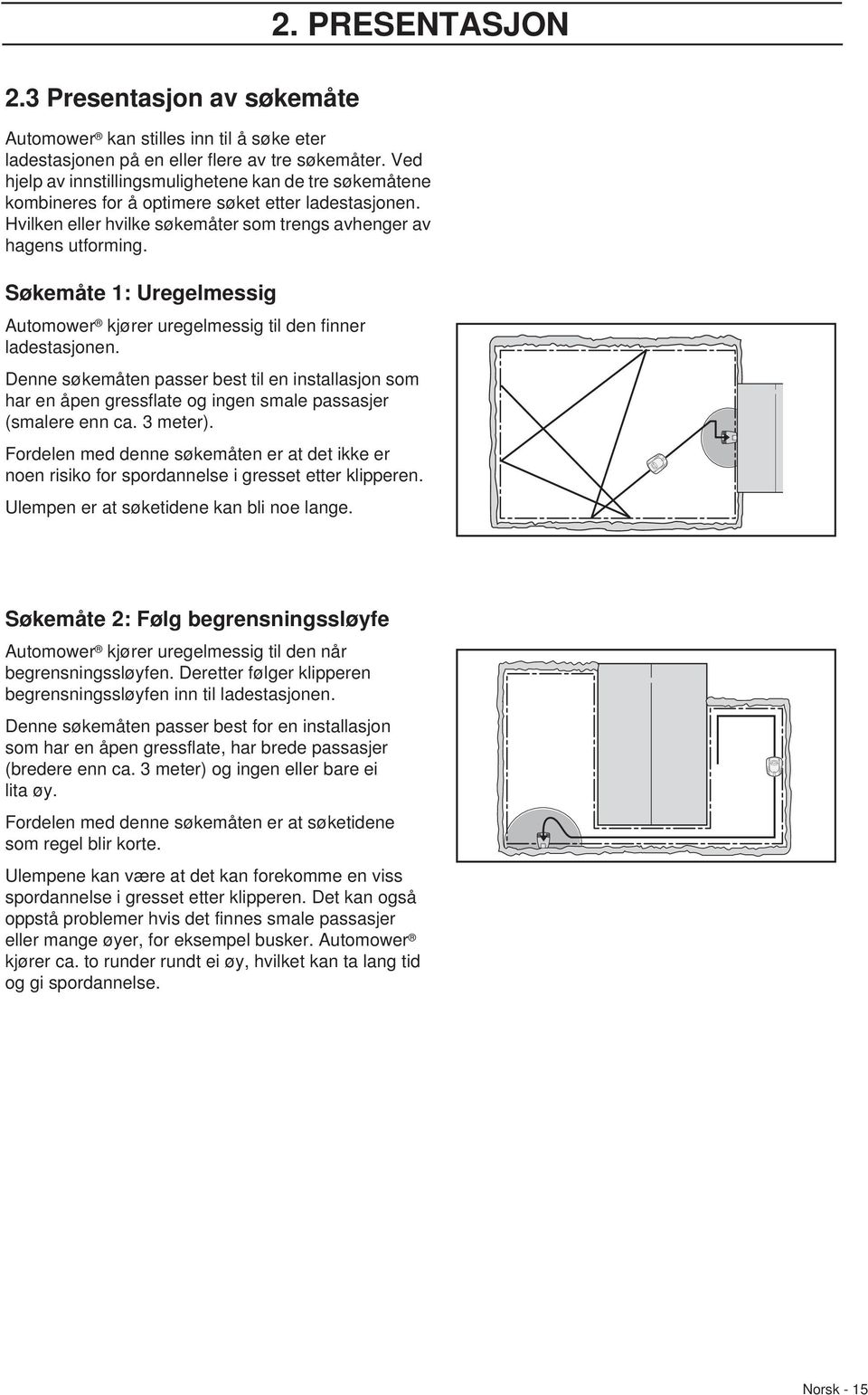 Søkemåte 1: Uregelmessig Automower kjører uregelmessig til den finner ladestasjonen.