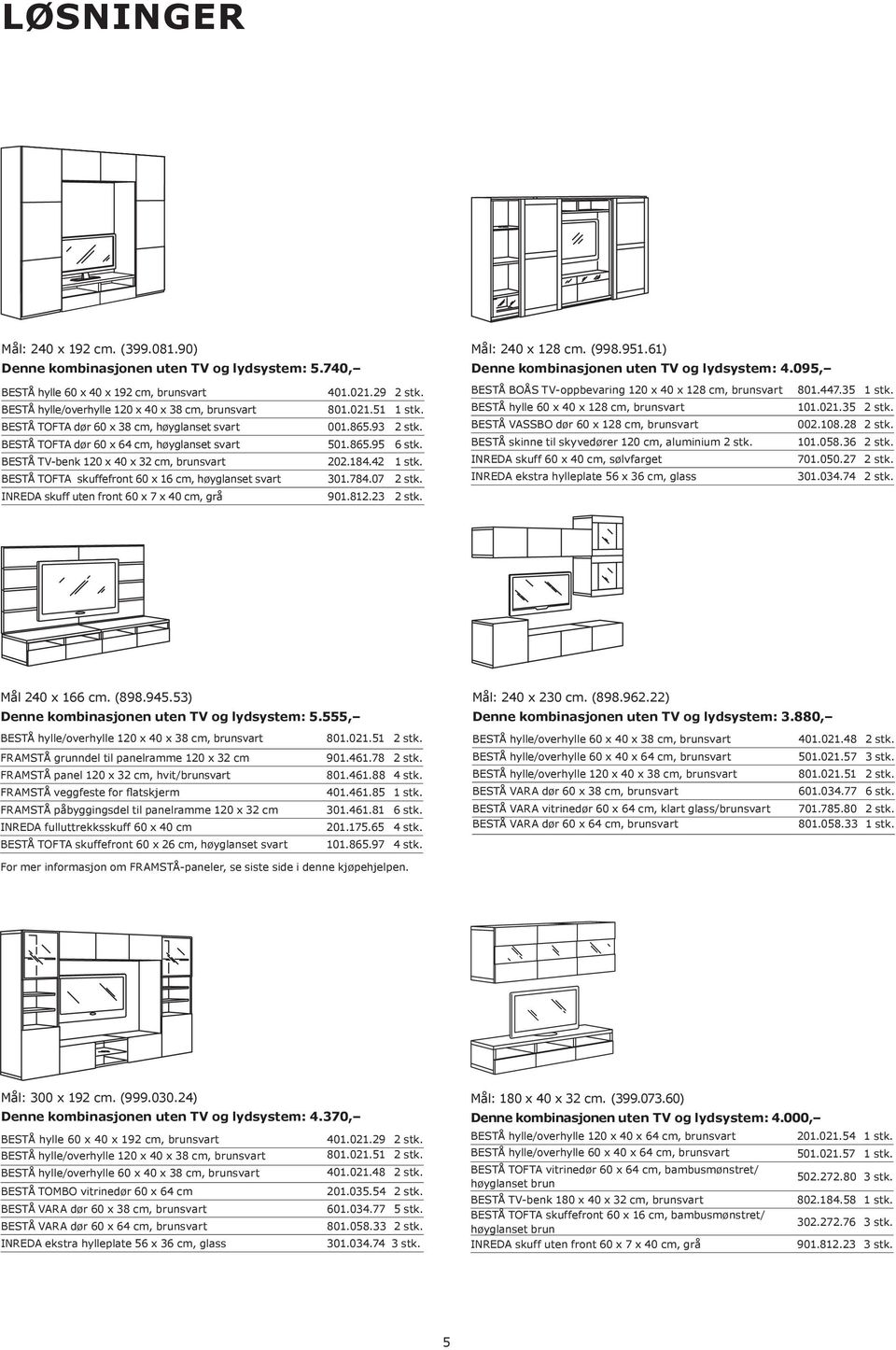 BESTÅ TV-benk 120 x 40 x 32 cm, brunsvart 202.184.42 1 stk. BESTÅ TOFTA skuffefront 60 x 16 cm, høyglanset svart 301.784.07 2 stk. INREDA skuff uten front 60 x 7 x 40 cm, grå 901.812.23 2 stk.