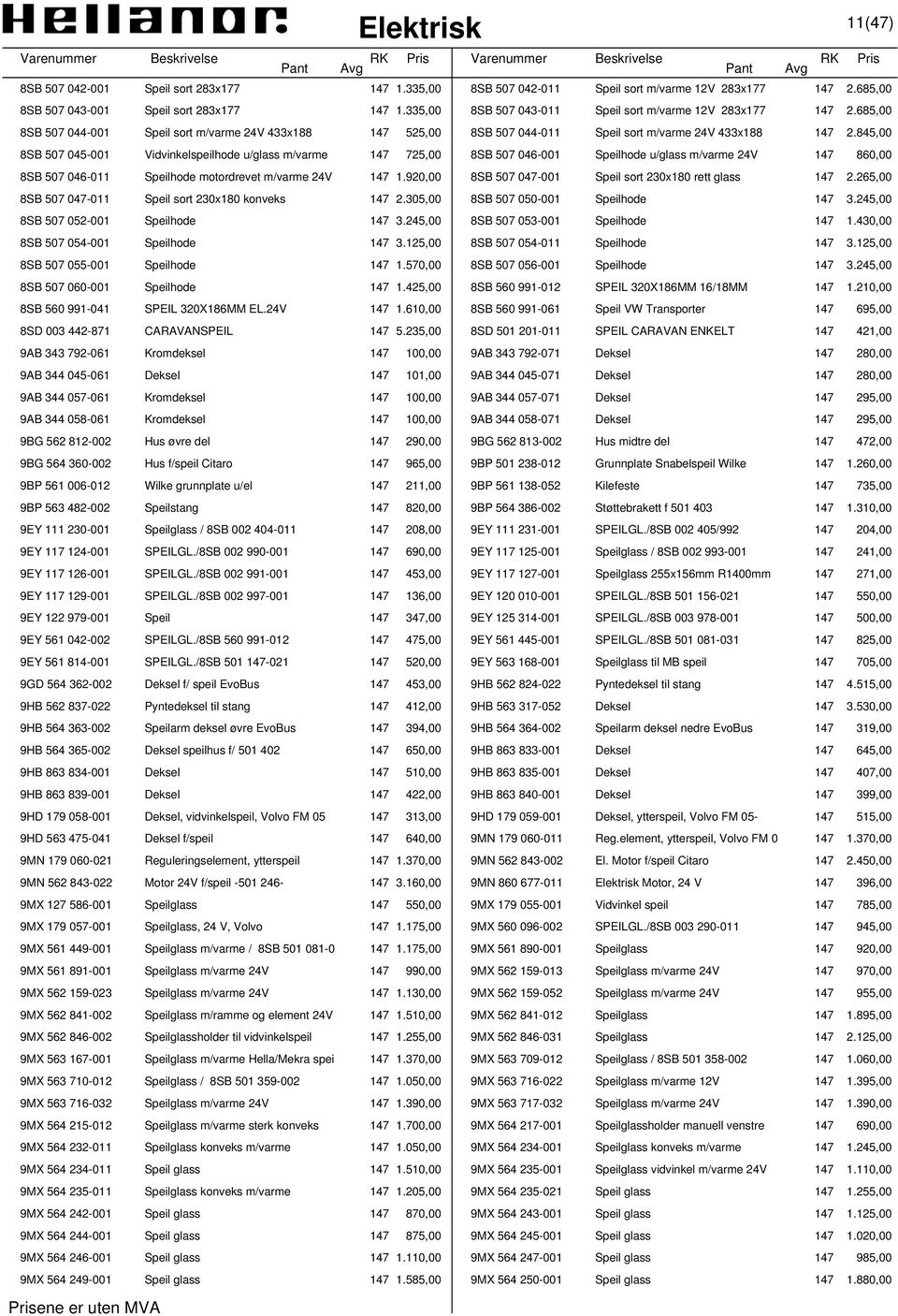 845,00 8SB 507 045-001 Vidvinkelspeilhode u/glass m/varme 147 725,00 8SB 507 046-001 Speilhode u/glass m/varme 24V 147 860,00 8SB 507 046-011 Speilhode motordrevet m/varme 24V 147 1.