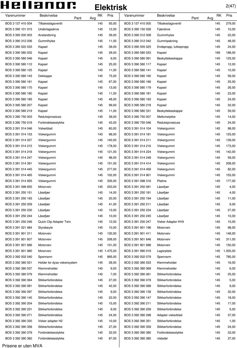 Endepropp, lukkepropp 145 24,00 BOS 3 390 580 032 Kapsel 145 29,00 BOS 3 390 580 033 Kapsel 169 188,00 BOS 3 390 580 046 Kapsel 145 9,00 BOS 3 390 580 091 Beskyttelseskappe 145 125,00 BOS 3 390 580