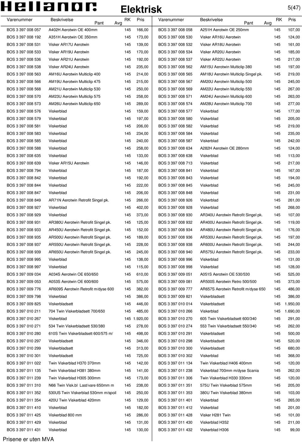 Aerotwin 145 185,00 BOS 3 397 008 536 Visker AR21U Aerotwin 145 192,00 BOS 3 397 008 537 Visker AR22U Aerotwin 145 217,00 BOS 3 397 008 538 Visker AR24U Aerotwin 145 235,00 BOS 3 397 008 562 AM15U