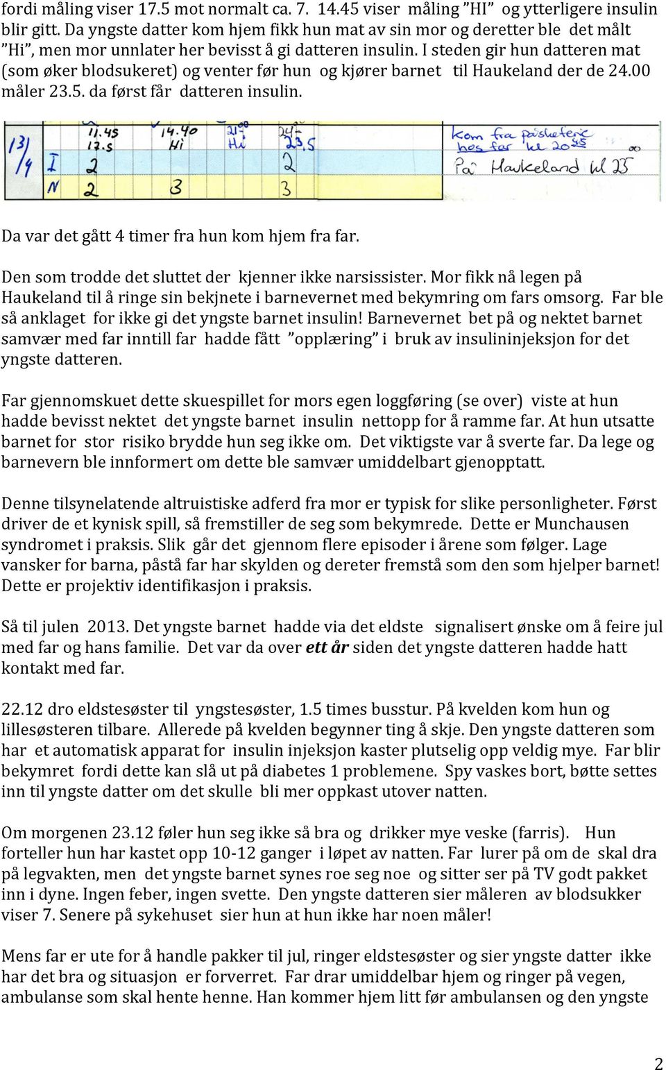 I steden gir hun datteren mat (som øker blodsukeret) og venter før hun og kjører barnet til Haukeland der de 24.00 måler 23.5. da først får datteren insulin.