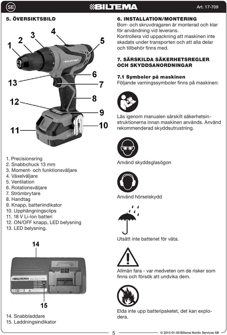 1 Symboler på maskinen Följande varningssymboler finns på maskinen: Läs igenom manualen särskilt säkerhetsinstruktionerna innan maskinen används. Använd rekommenderad skyddsutrustning. 1.