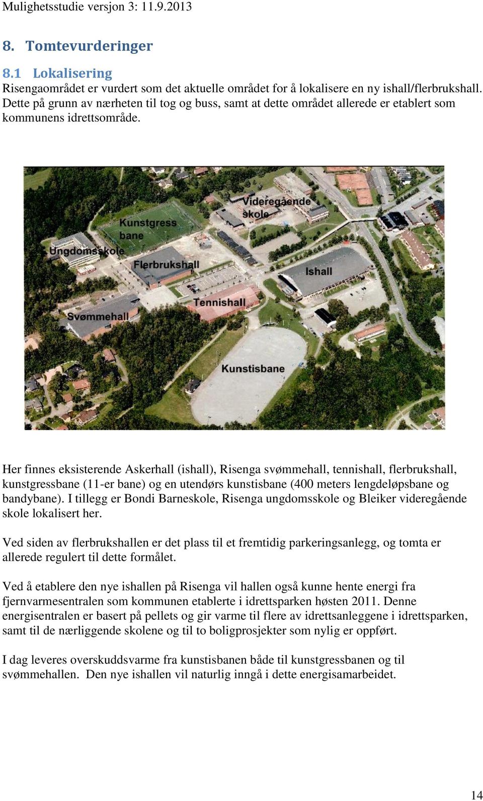 Her finnes eksisterende Askerhall (ishall), Risenga svømmehall, tennishall, flerbrukshall, kunstgressbane (11-er bane) og en utendørs kunstisbane (400 meters lengdeløpsbane og bandybane).